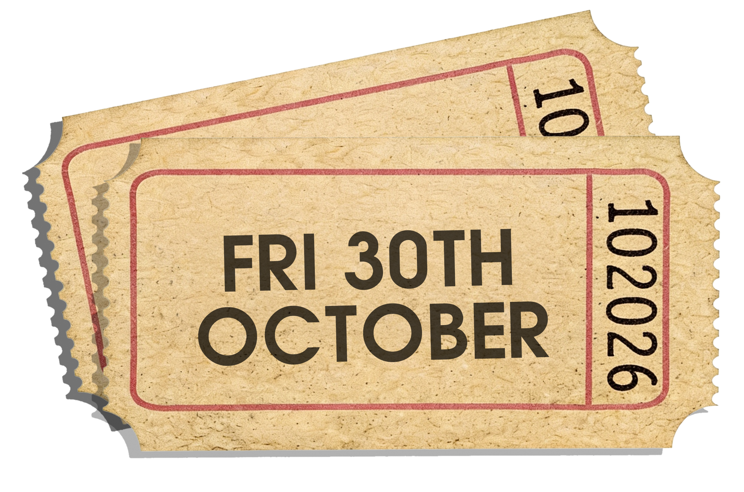Friday 30th October Tickets – SCREAMS! at Thornton Hall Country Park Vintage-style Halloween event ticket displaying Friday 30th October date for SCREAMS! at Thornton Hall Country Park.