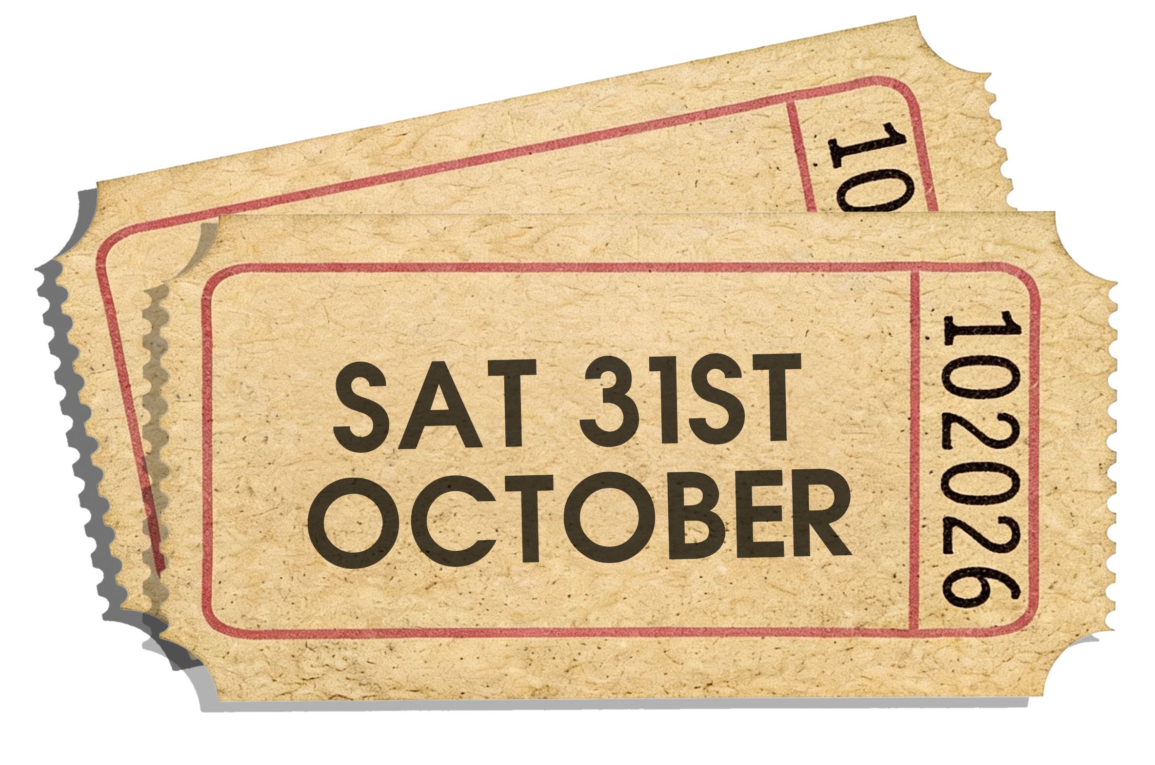 Saturday 31st October Tickets – SCREAMS! at Thornton Hall Country Park Vintage-style Halloween event ticket displaying Saturday 31st October date for SCREAMS! at Thornton Hall Country Park.