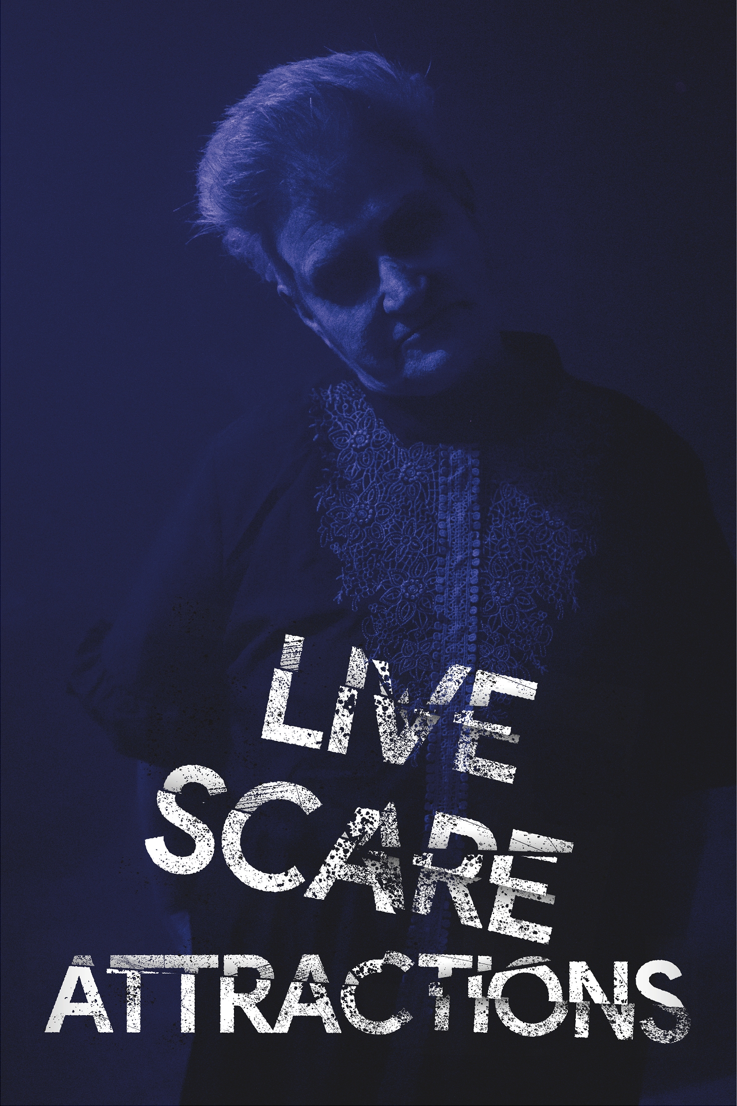 Live Scare Attractions at SCREAMS! at Thornton Hall Country Park Shadowy live scare actor in dark Victorian-style costume illuminated by blue lighting at SCREAMS! at Thornton Hall Country Park with “Live Scare Attractions” text overlay.